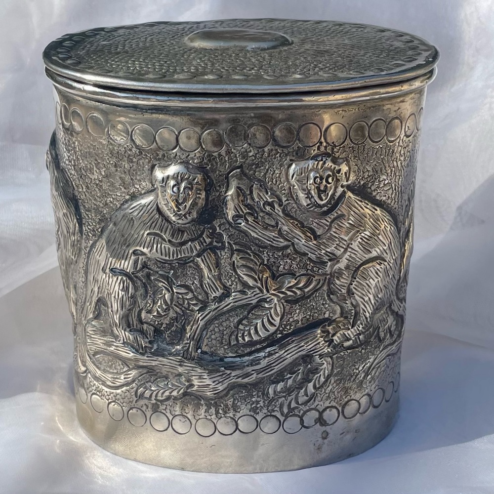 Vintage Repousse Monkey Tea or Spice Container